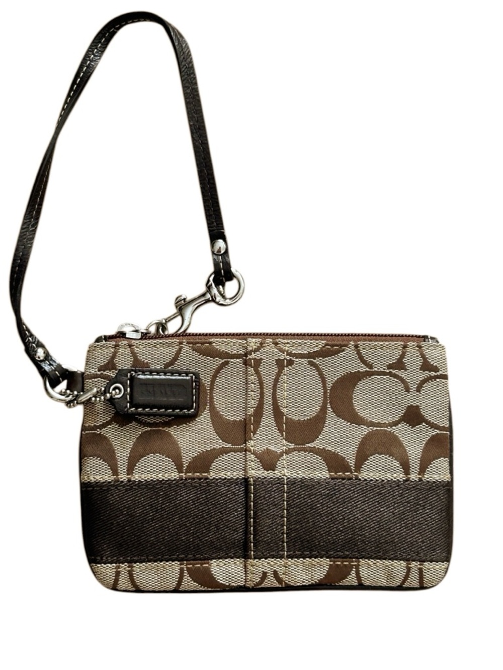 Coach Signature Wristlet Brown Tan Canvas Leather Trim Small Zip Pouch